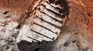 An artist's depiction of the iconic Apollo 11 bootprint transported to Mars.