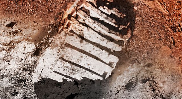 An artist&#039;s depiction of the iconic Apollo 11 bootprint transported to Mars.