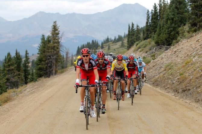 The BMC team sets tempo on the dirt road ascent of Cottonwood Pass during Colorado's USA Pro Challenge.