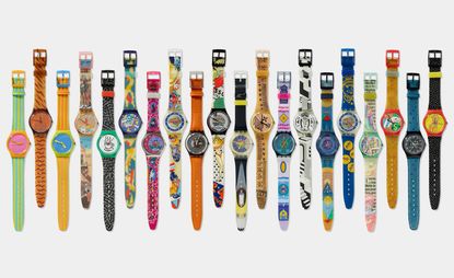 row of swatch watches, part of LAMA Swatch auction of Esther Montagner's collection