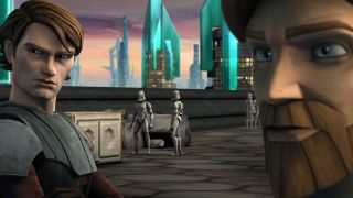 Anakin and Obi-Wan glare at something off screen