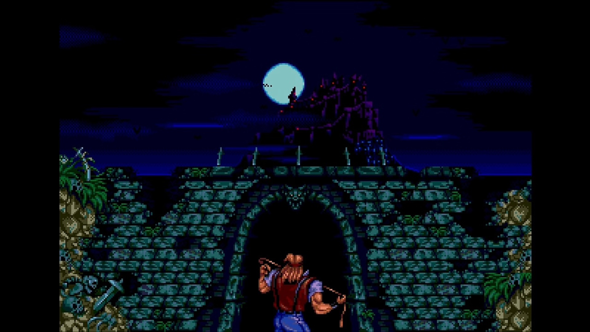 A character in Castlevania standing with their back to the screen looking up at the moon