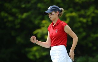 Rachel Heck of Team USA in action during the Day Three singles matches of The Curtis Cup at Merion Golf Club on June 12, 2022 in Ardmore, Pennsylvania