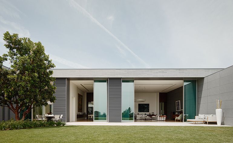 London-based architect Felicity Bell has hopped the pond for her striking Cajrati Crivelli house in Bel-Air. Pictured: the main room, designed for entertaining, can be almost entirely open to the outdoors, or shuttered to shade it in high temperatures