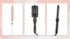 A selection of the best curling wands for fine hair from Beauty Works, Amika and CLOUD NINE/ in a pink watercolour paint-style template