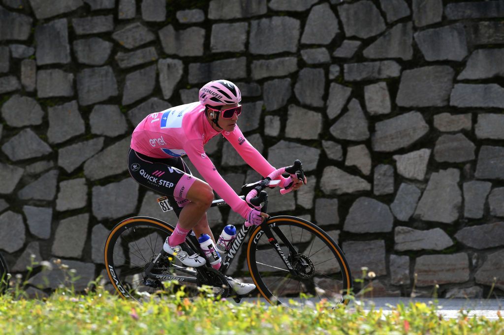 LAGHI DI CANCANO ITALY OCTOBER 22 Joao Almeida of Portugal and Team Deceuninck QuickStep Pink Leader Jersey during the 103rd Giro dItalia 2020 Stage 18 a 207km stage from Pinzolo to Laghi di Cancano Parco Nazionale dello Stelvio 1945m girodiitalia Giro on October 22 2020 in Laghi di Cancano Italy Photo by Tim de WaeleGetty Images
