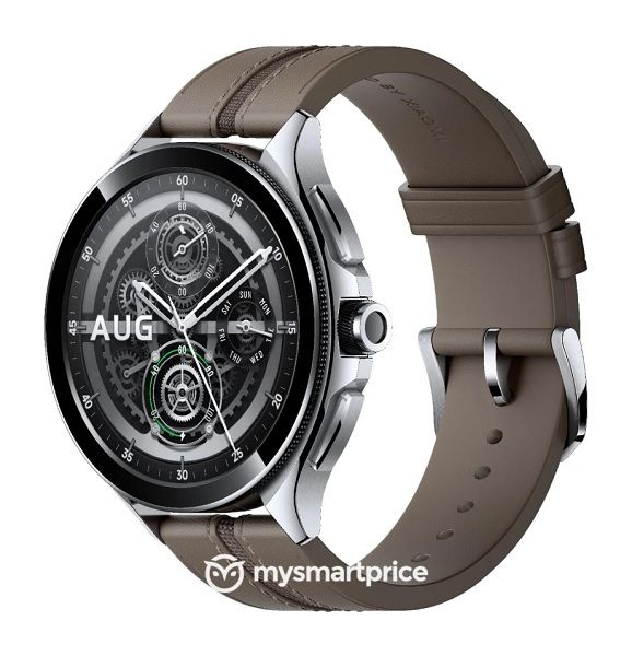 A leaked render of the Xiaomi Watch 2 Pro in steel with a brown leather band.