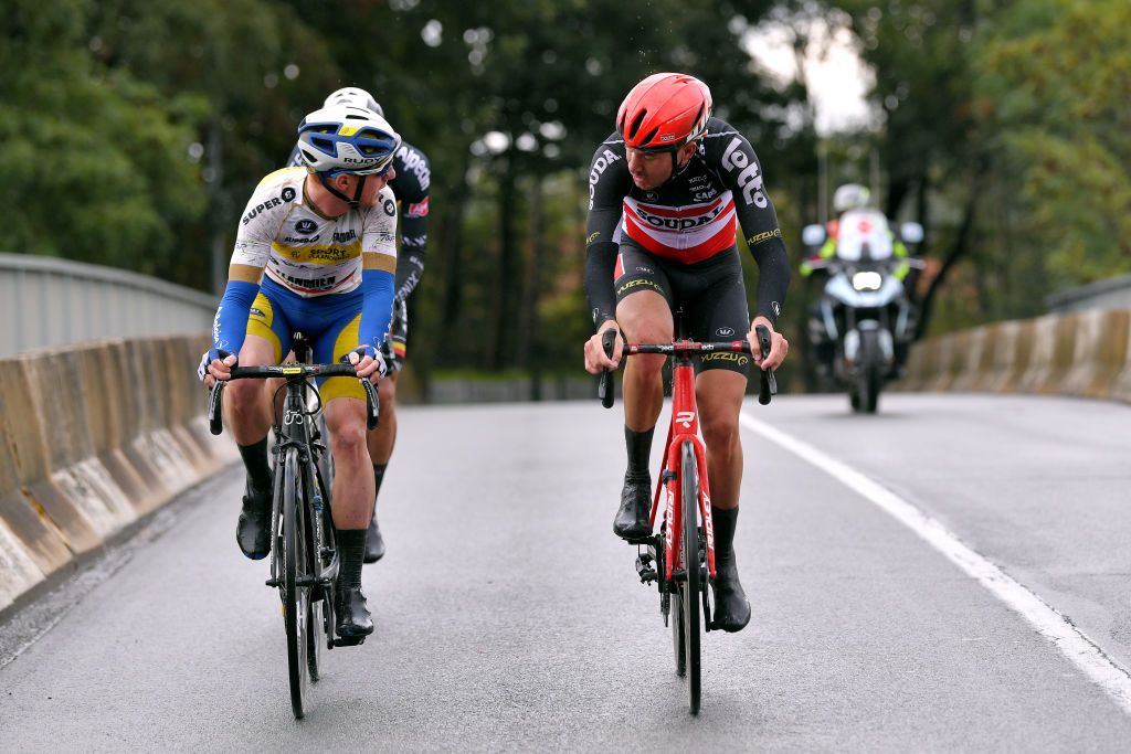 AALTER BELGIUM OCTOBER 01 Dries De Bondt of Belgium and Team AlpecinFenix Jelle Wallays of Belgium and Team Lotto Soudal Breakaway Milan Menten of Belgium and Team Sport Vlaanderen Baloise White Best Young Jersey during the 16th BinckBank Tour 2020 Stage 3 a 157km stage from Aalter to Aalter BinckBankTour BinckBankTour on October 01 2020 in Aalter Belgium Photo by Luc ClaessenGetty Images