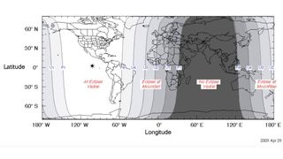 a rectangular map of earth layed out on a grid t show latitude and longitude. The a curve of light and dark sides of the planet are shaded.