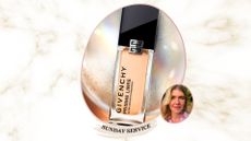 A marble backdrop containing two circular images, one is an an image of Givenchy Prism Libre Serum Glow foundation in a glass bottle with a black top and one with an image of beauty editor Fiona McKim in a pink top with long blonde hair and even skin