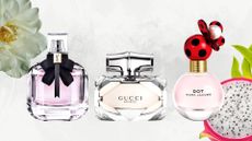 Lineup of luxury perfumes in Boots payday sale (L-R) YSL Mon Paris, Gucci Bamboo and Marc Jacobs Dot, on a white background with white flower and pink dragonfruit