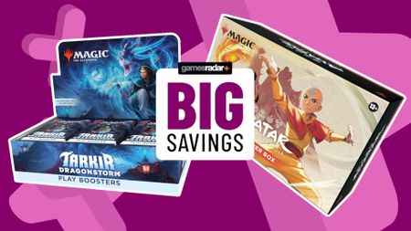 MTG Tarkir Dragonstorm and Avatar boxes on a purple background with crosses, with a GamesRadar+ badge that reads 'big savings' in front of them.