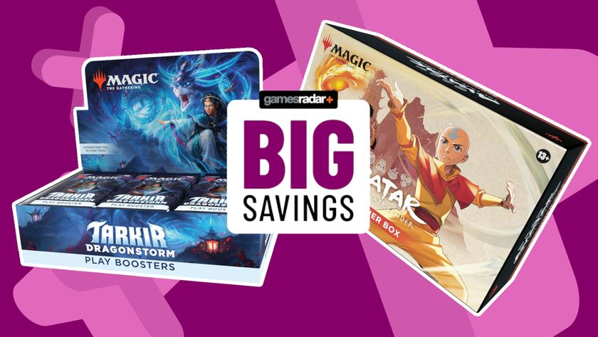 MTG Tarkir Dragonstorm and Avatar boxes on a purple background with crosses, with a GamesRadar+ badge that reads &#039;big savings&#039; in front of them.