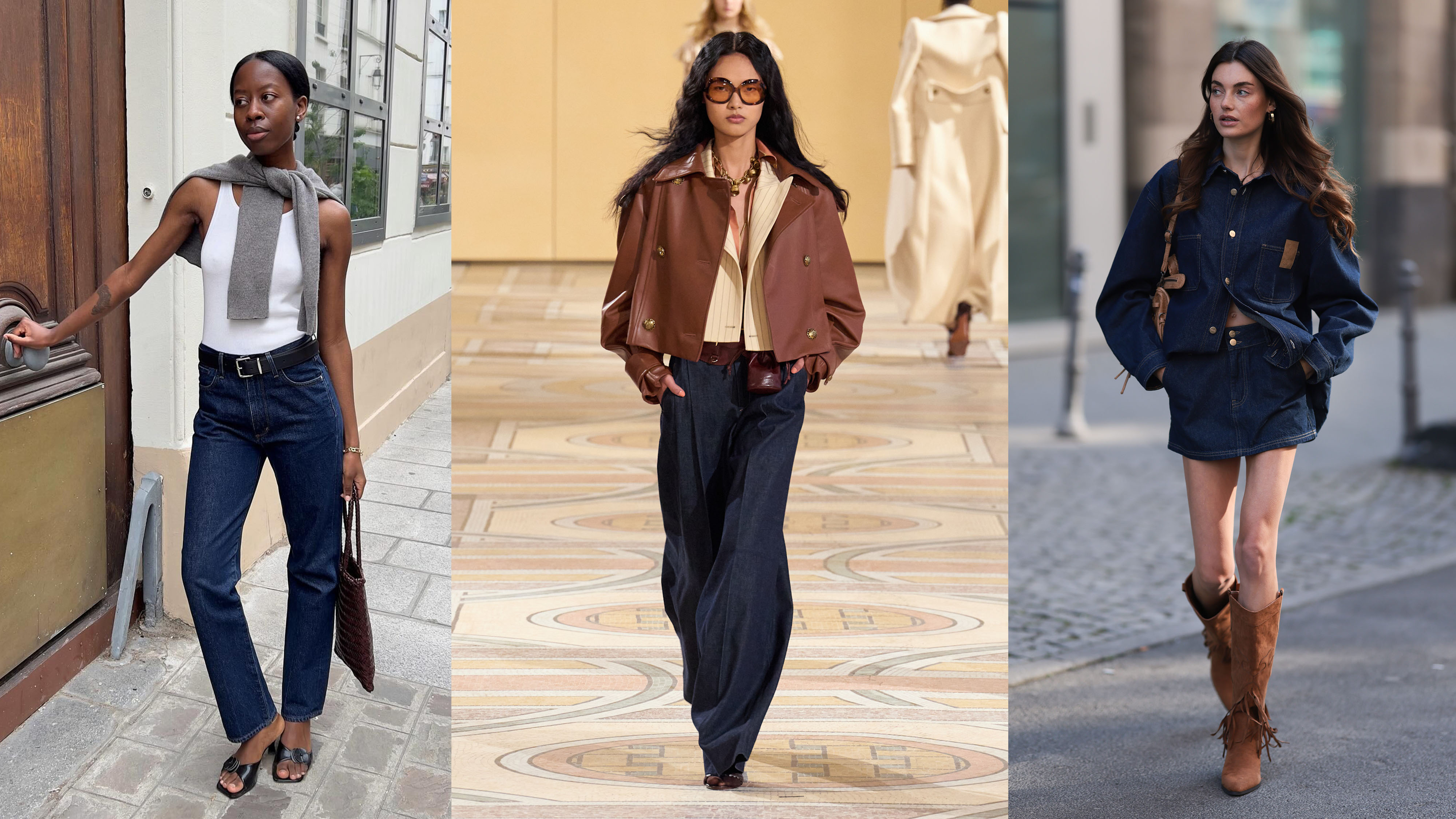Various women wearing dark wash denim outfits