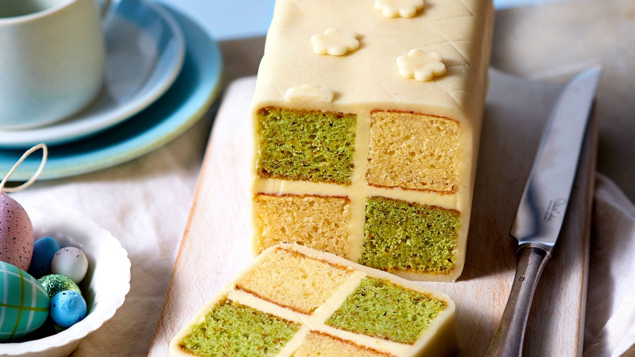 Pistachio and elderflower Battenberg