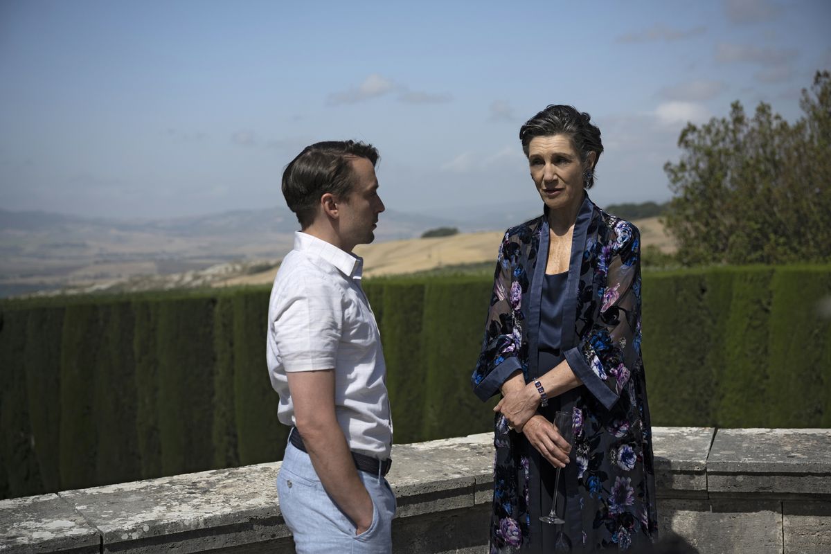 Kieran Culkin (as Roman) and Harriet Walter (as Lady Caroline Collingwood) in Succession season 3