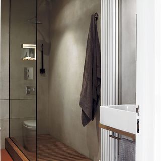 Shower area with towel and wooden flooring