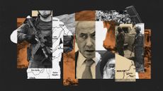 Photo composite of Benjamin Netanyahu, Hassan Nasrallah, Israeli and Hezbollah soldiers, explosions and a map of Lebanon