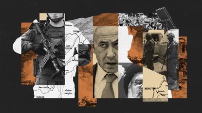 Photo composite of Benjamin Netanyahu, Hassan Nasrallah, Israeli and Hezbollah soldiers, explosions and a map of Lebanon