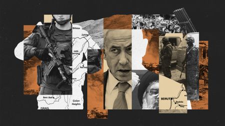 Photo composite of Benjamin Netanyahu, Hassan Nasrallah, Israeli and Hezbollah soldiers, explosions and a map of Lebanon