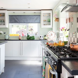 kitchen with mint green walls and black worktops