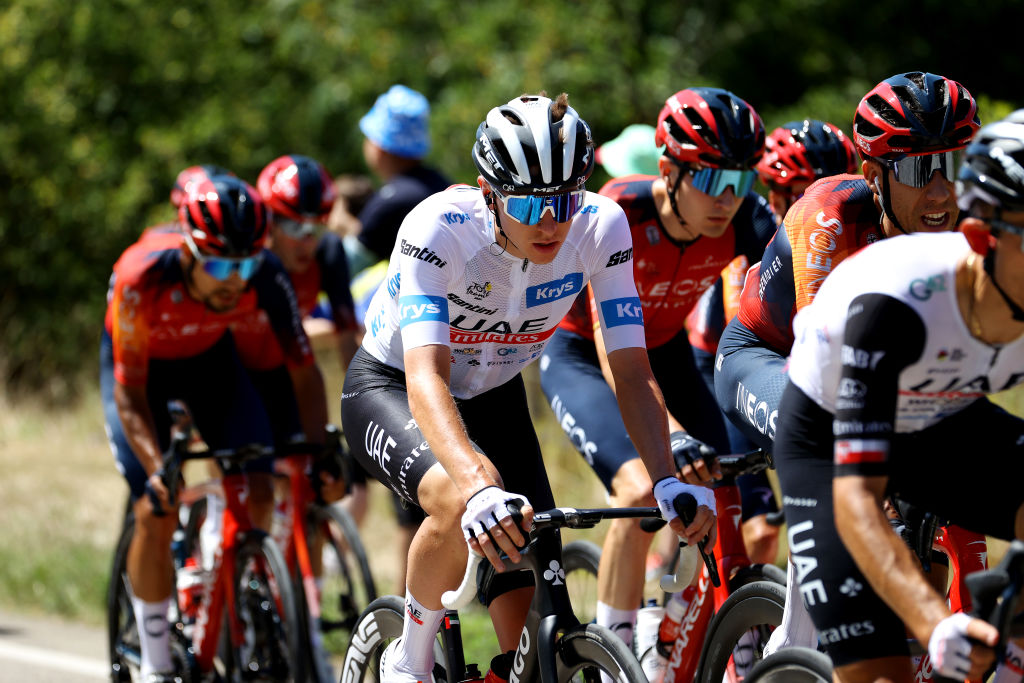 GRAND COLOMBIER FRANCE JULY 14 Tadezh Pogacar of Slovenia and UAE Team Emirates White Beast Young Rider jersey competes during stage 13 of the 2023 110th Tour de France and the 1378km stage from ChtillonSurChalaronne to the Grand Colombier 1501m UCIWT on July 14, 2023 in Grand Colombier France Photo by Getty Images Michael Steele