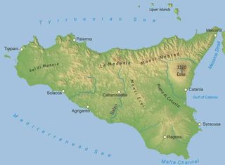 Map of Sicily, showing Mount Etna near the east coast.