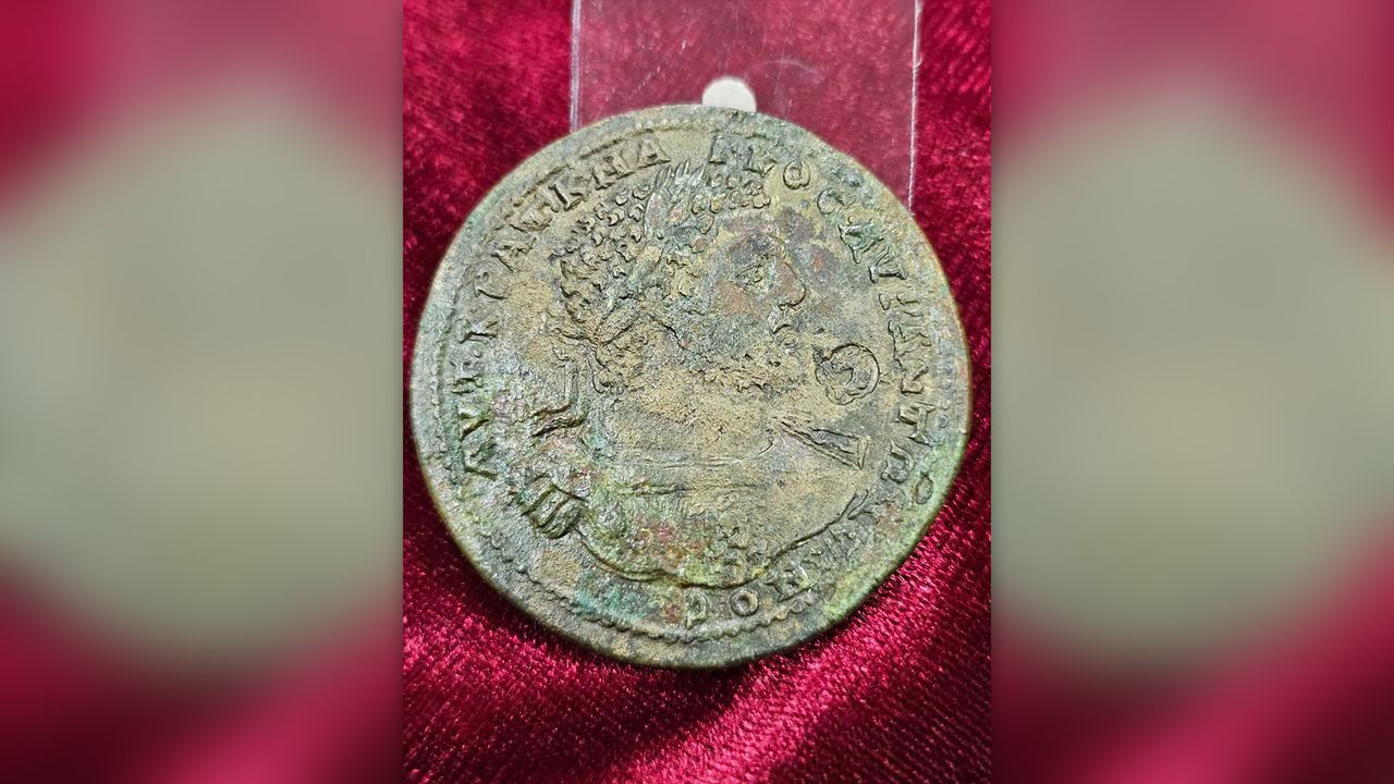 The bronze medallion featuring the Roman emperor Caracalla (front).