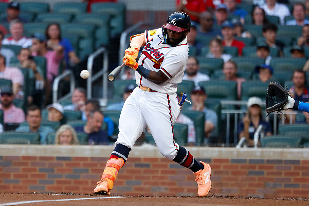 ATLANTA, GEORGIA - AUGUST 25: Michael Harris II #23 of the Atlanta Braves hits an RBI single during the first inning against the Los Angeles Dodgers at Truist Park on August 25, 2026 in Atlanta, Georgia. (Photo by Todd Kirkland/Getty Images) *** Local Caption *** Michael Harris II