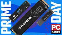 A collection of NVMe SSDs on a Prime Day banner with the PC Gamer logo.