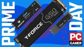 A collection of NVMe SSDs on a Prime Day banner with the PC Gamer logo.