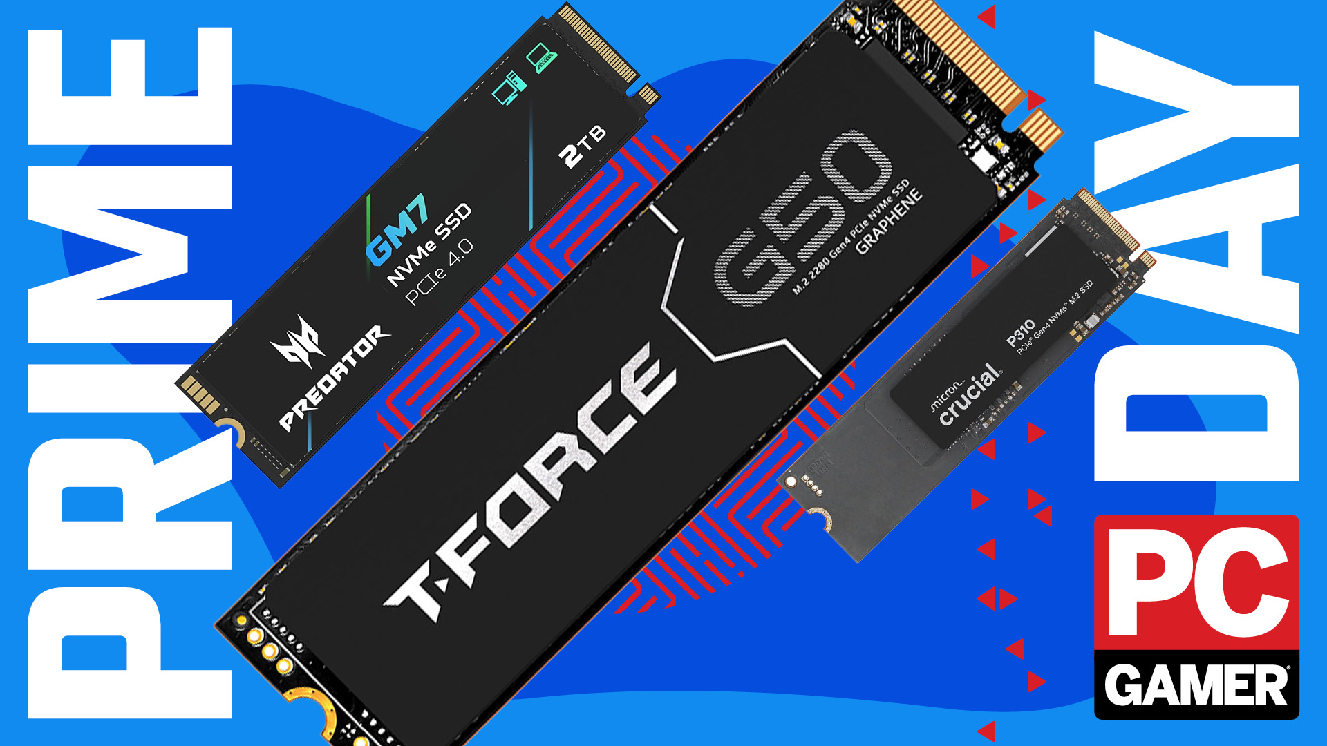 A collection of NVMe SSDs on a Prime Day banner with the PC Gamer logo.
