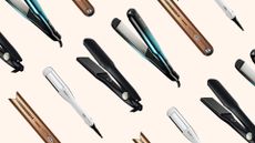 Collage of four of the best straighteners for thick hair featured in this guide from (left to right) Dyson, L'Oreal Professionnel, ghd and Revamp, set at diagonal angle and repeated against a soft beige background