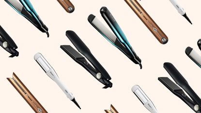 Collage of four of the best straighteners for thick hair featured in this guide from (left to right) Dyson, L'Oreal Professionnel, ghd and Revamp, set at diagonal angle and repeated against a soft beige background