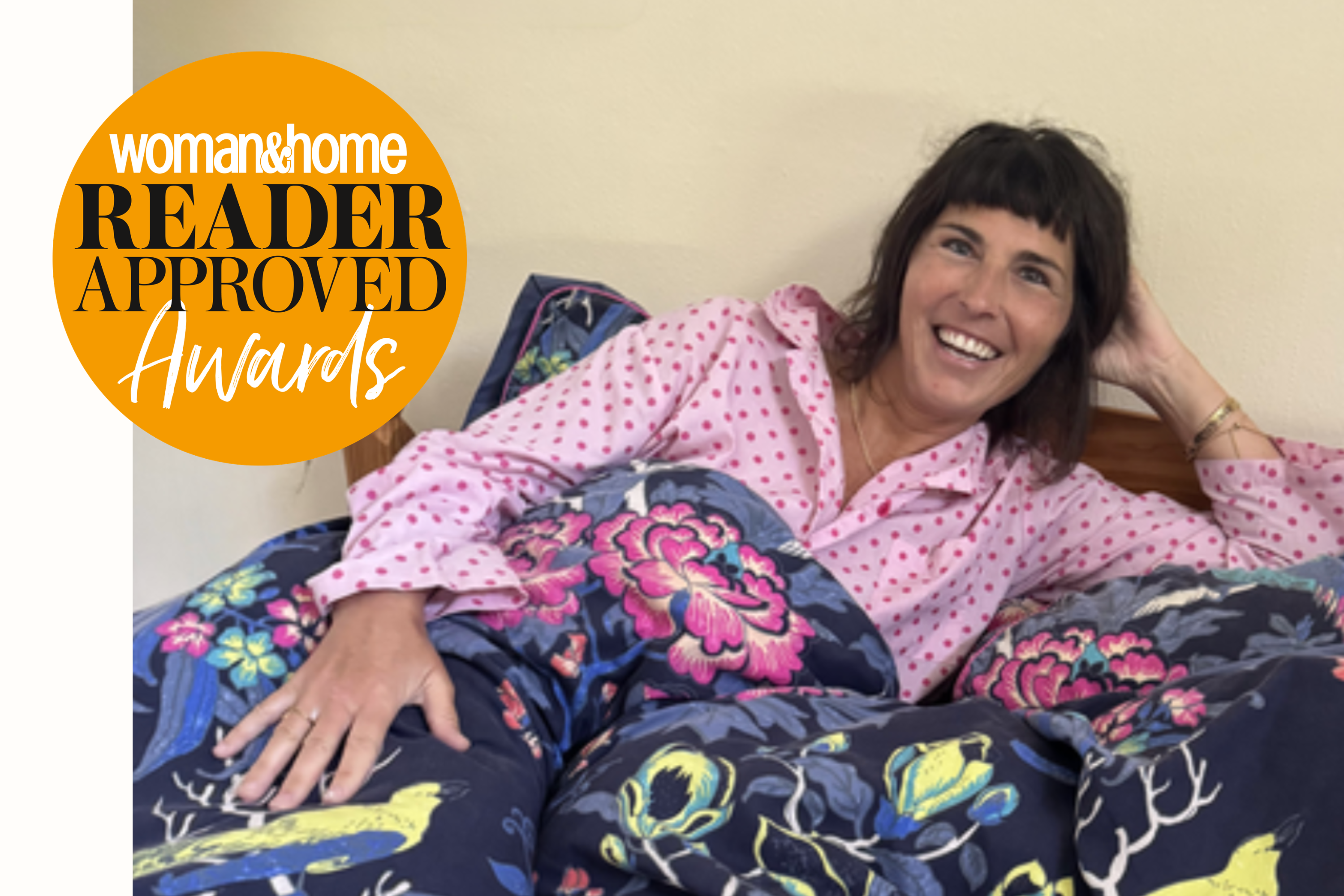 Sara Darling shown testing bedding next to an orange roundel for W&amp;H readers awards 