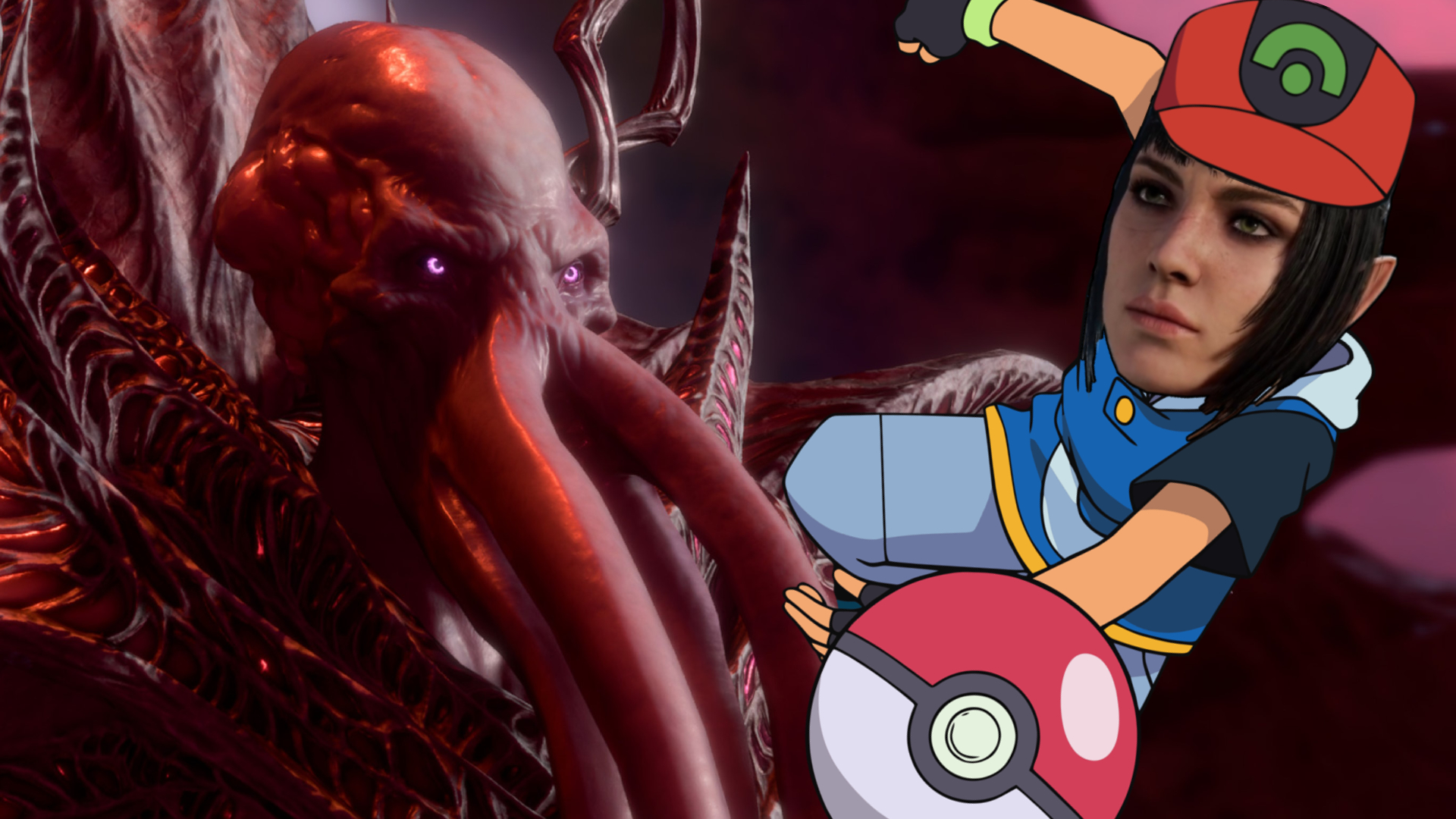 Shadowheart, her face photoshopped onto a precocious creature trainer, throws a creature-collecting orb at a mindflayer.