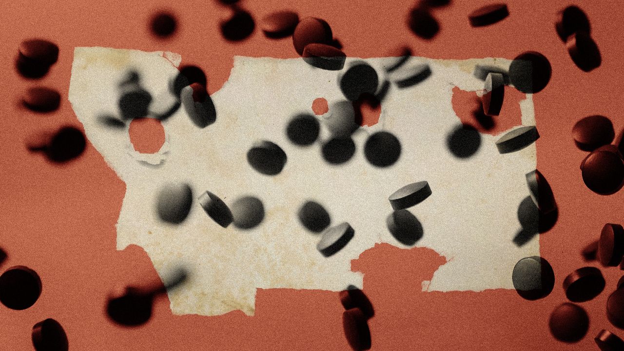 Photo collage of pills falling over a piece of paper, torn into the shape of Montana. There are holes in the paper where indigenous people&#039;s reservations are located.