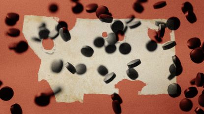 Photo collage of pills falling over a piece of paper, torn into the shape of Montana. There are holes in the paper where indigenous people's reservations are located.