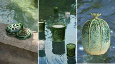 Three pieces from the Diptyque Summer Collection Launch: a citronella spiral, candle collection, and watering can