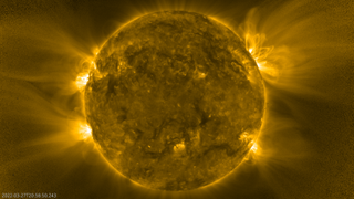 A close-up of the sun taken by the Solar Orbiter spacecraft during its closest approach to the star in March 2022.