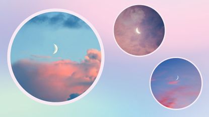 new moons (three crescent moons) on colorful cloudy backgrounds on a pastel background