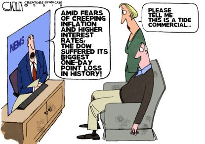 Political cartoon U.S. Dow Jones drop stock market tide pods