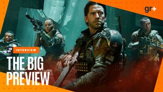Four characters in military gear stand next to one another with guns at the ready as they move through a maze of cargo containers and overgrown plants in Call of Duty: Black Ops 7 - with the GamesRadar+ Big Preview orange frame