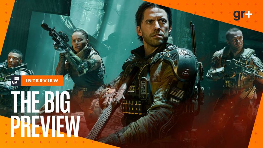 Four characters in military gear stand next to one another with guns at the ready as they move through a maze of cargo containers and overgrown plants in Call of Duty: Black Ops 7 - with the GamesRadar+ Big Preview orange frame