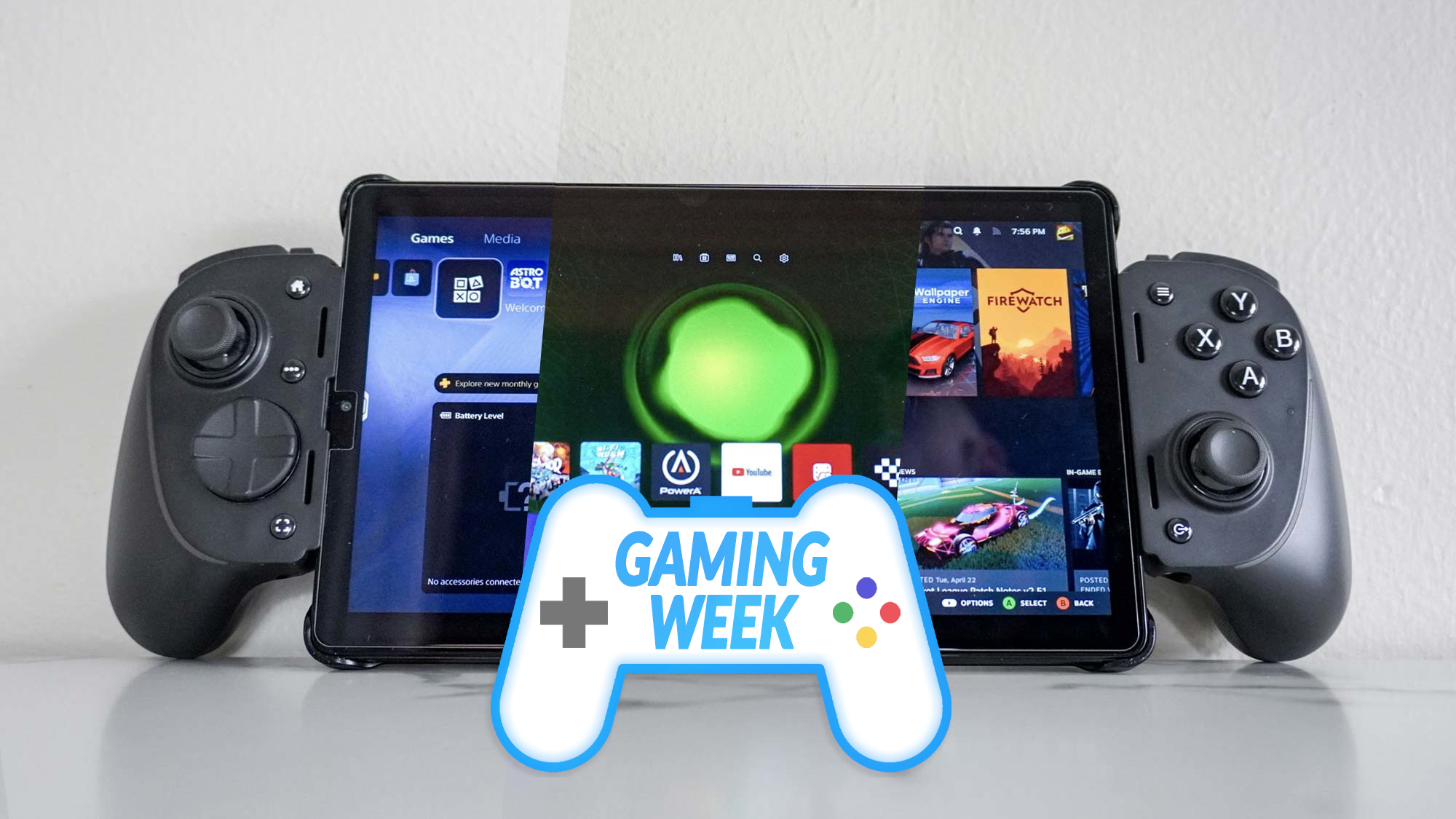 A tablet with the Razer Kishi Ultra mobile game controller attached on a desk with the Tom's Guide Gaming Week badge in the middle