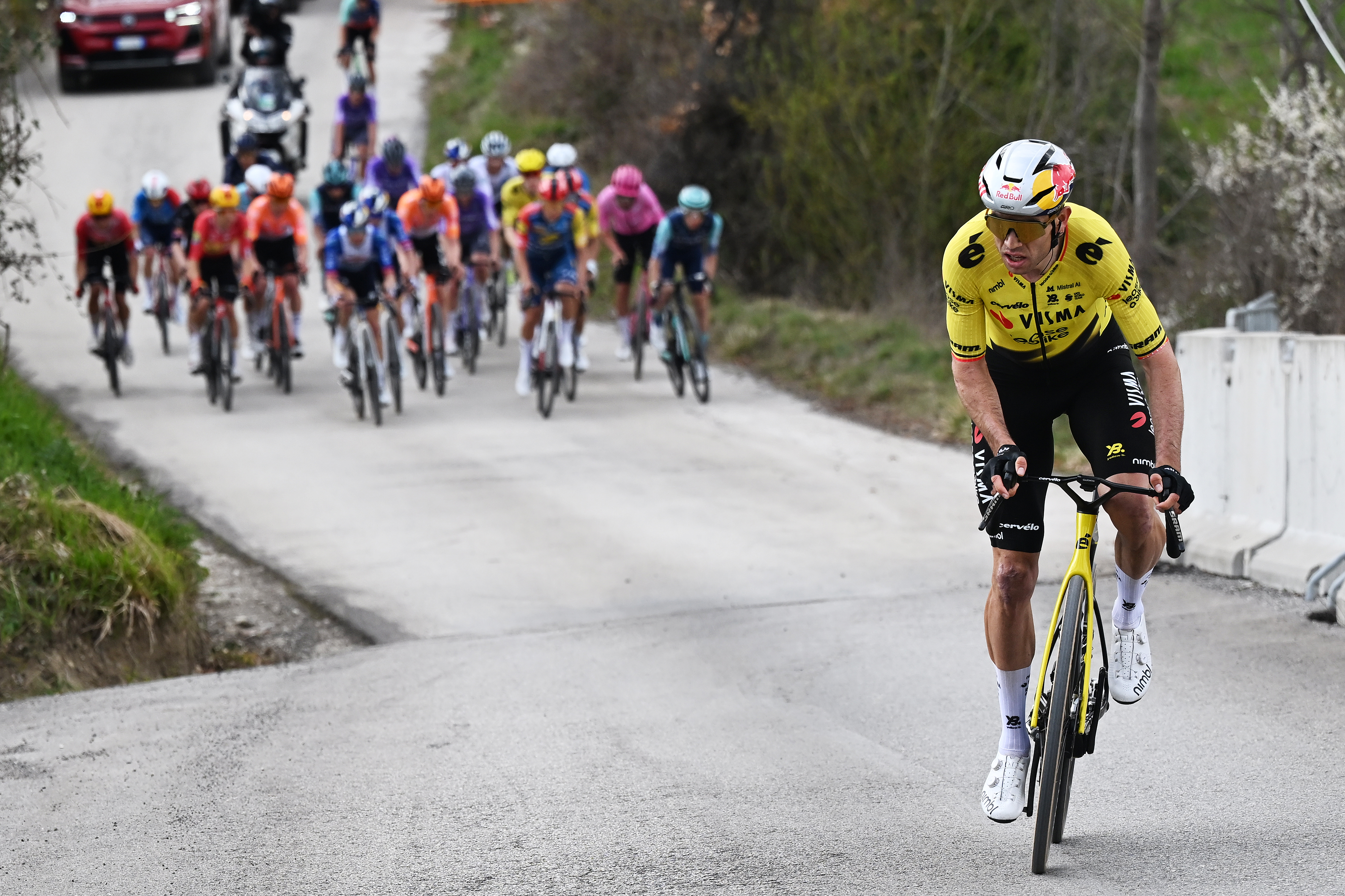 CAMERINO, ITALY - MARCH 14: Wout van Aert of Belgium and Team Visma | Lease a Bike attacks during the 61st Tirreno-Adriatico 2026, Stage 6 a 188km stage from San Severino Marche to Camerino 656m / #UCIWT / on March 14, 2026 in San Severino Marche, Italy. (Photo by Tim de Waele/Getty Images)