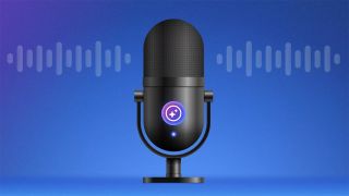 Black microphone graphic with AI generated symbol at the base on a blue & purple background 