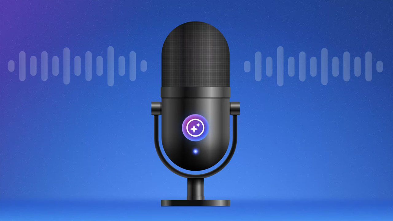 Black microphone graphic with AI generated symbol at the base on a blue & purple background 