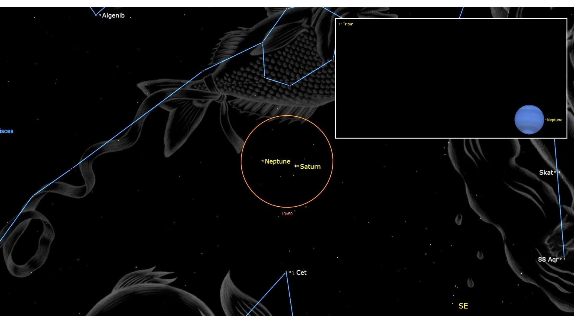 A labeled map of stars in the night sky, with an orange circle in the middle of the image surrounding Saturn and Neptune, both are labeled with yellow font. In a white box on the right is a close up of the blue planet Neptune