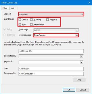 Event Viewer Filter Settings